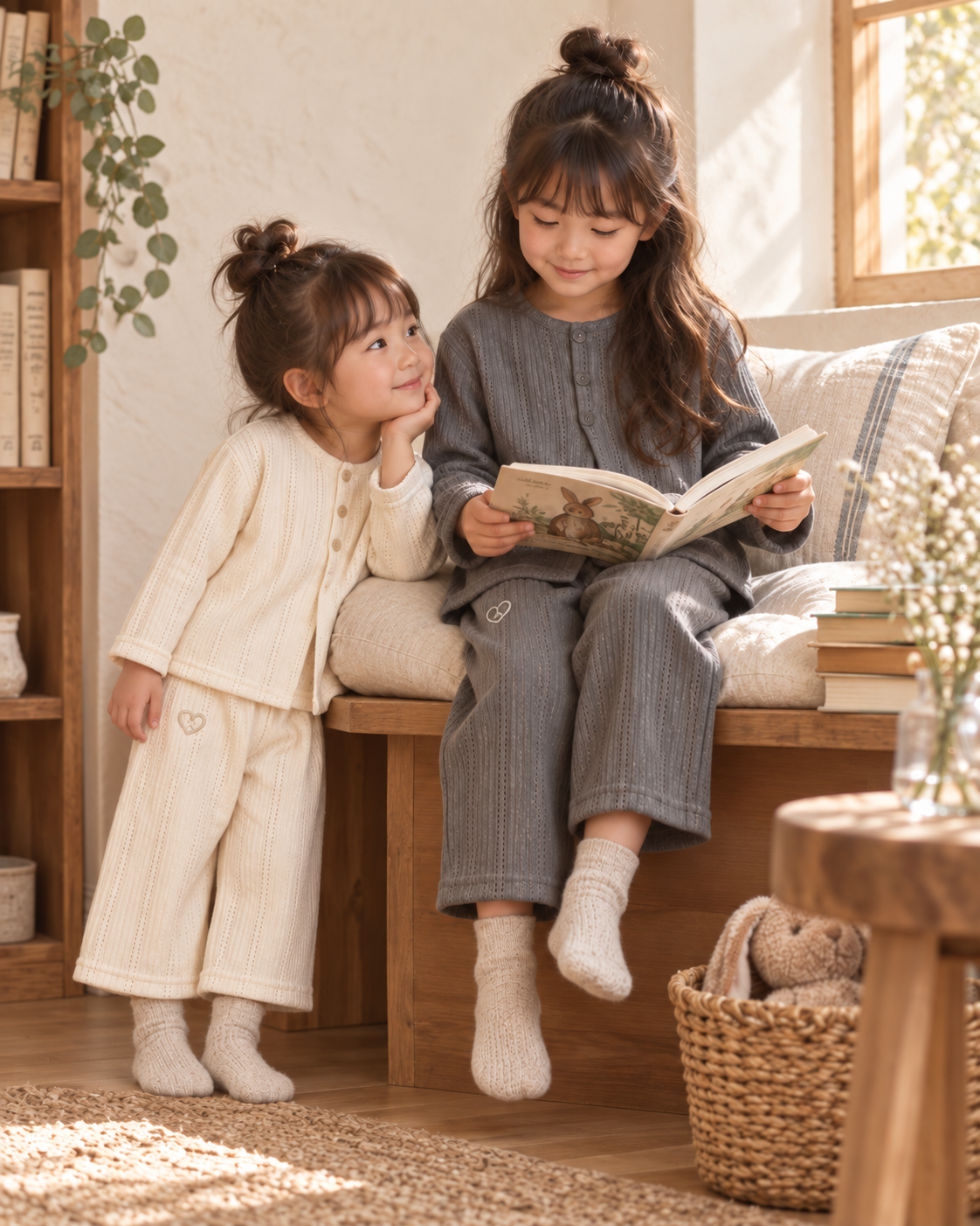 色違いニットの姉妹の秋冬コーデ