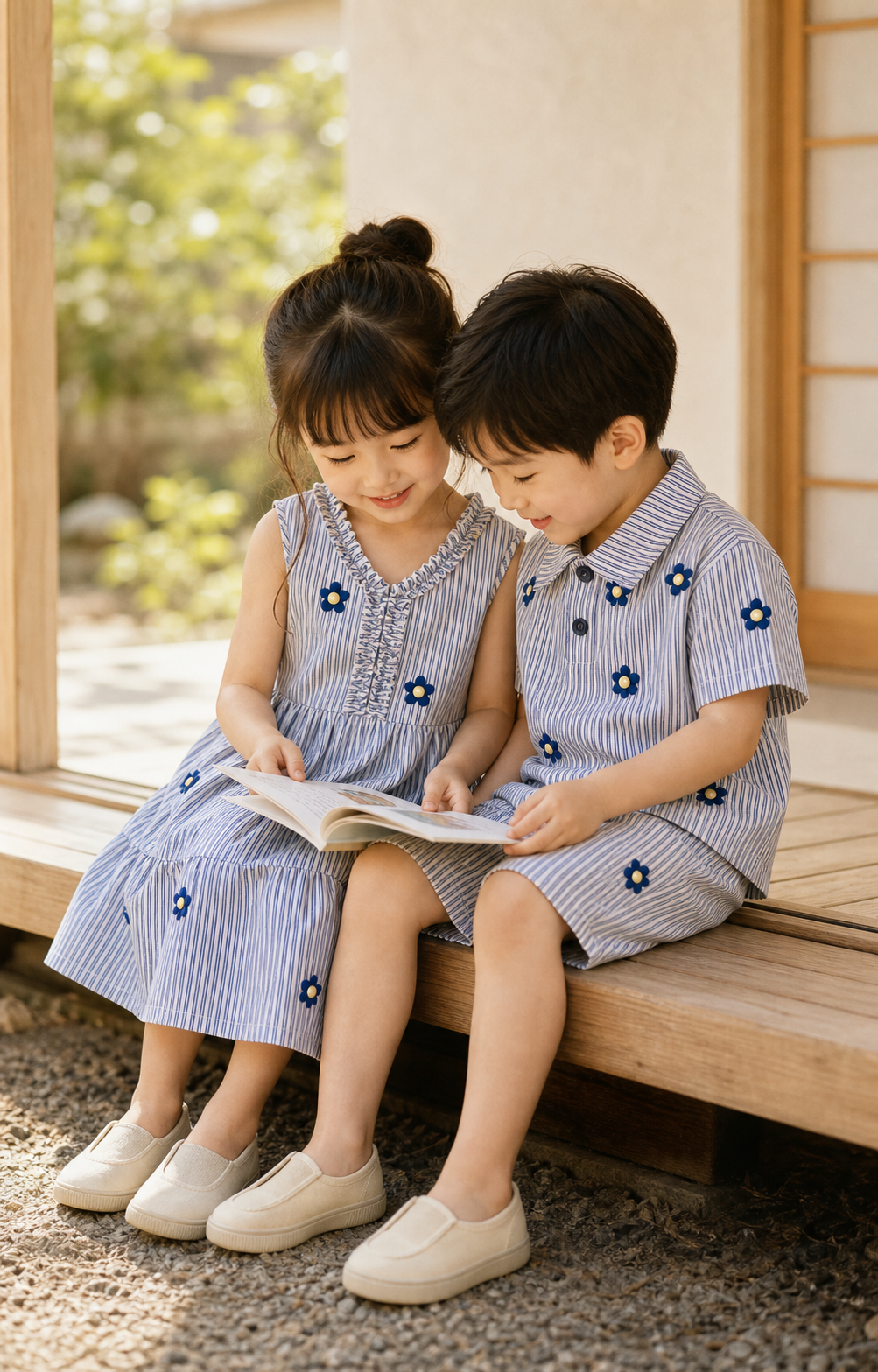 ネイビーのリンクコーデで絵本を読む兄妹