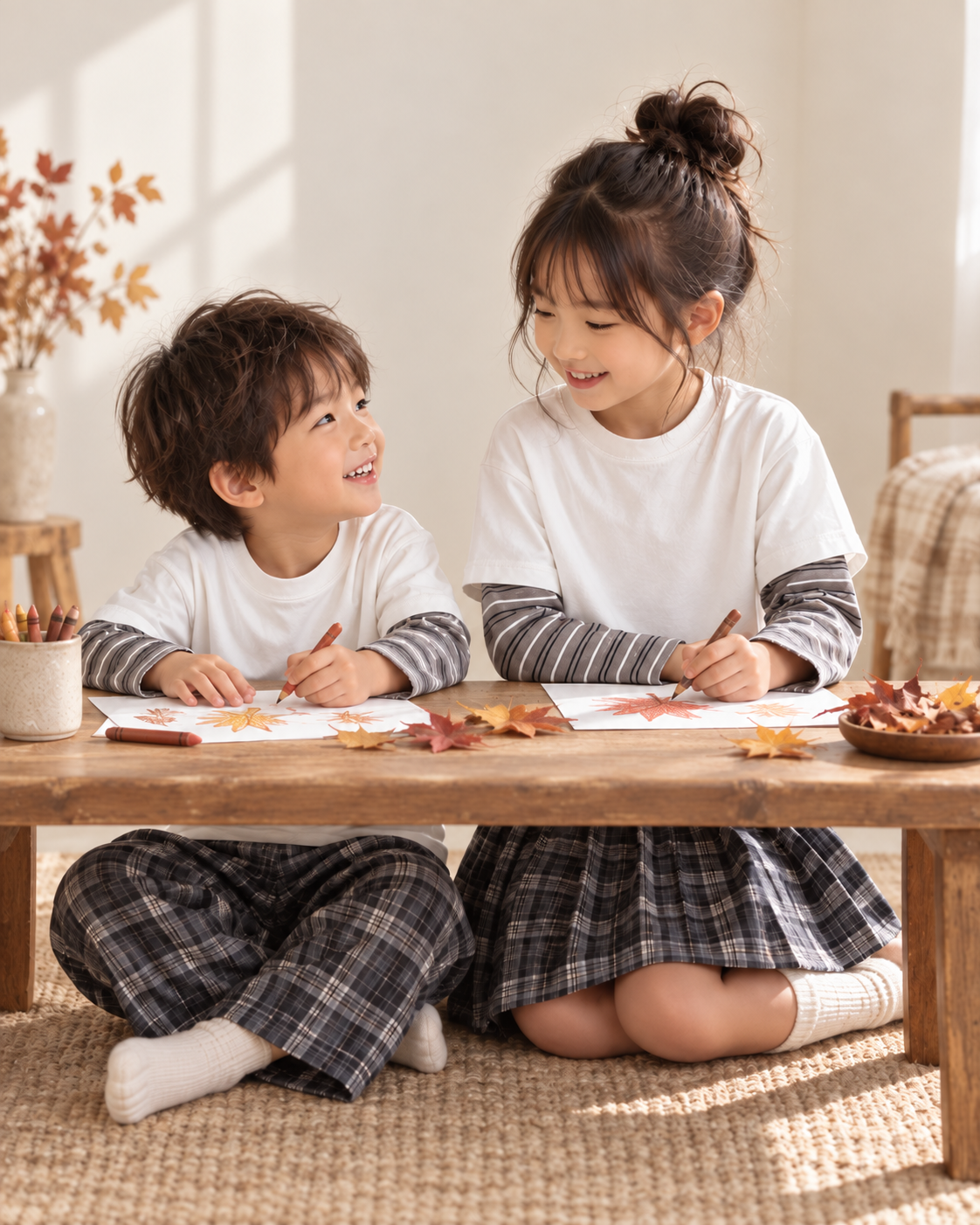 グレーチェックの兄妹の秋冬コーデ
