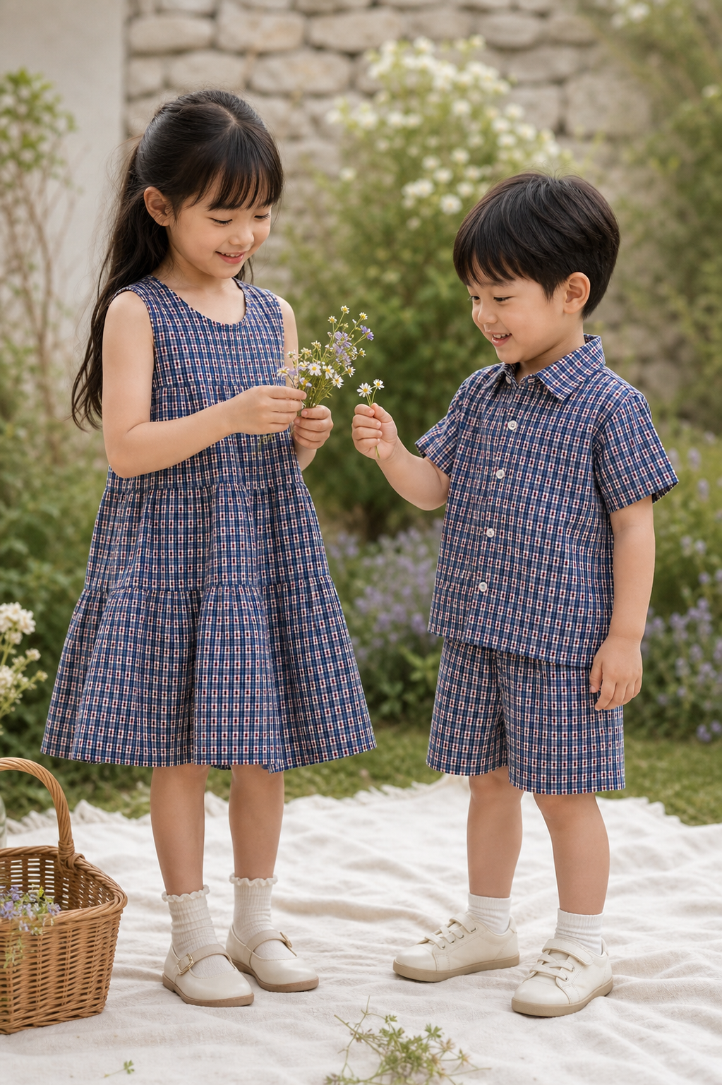 ネイビーのリンクコーデで花に囲まれる兄妹