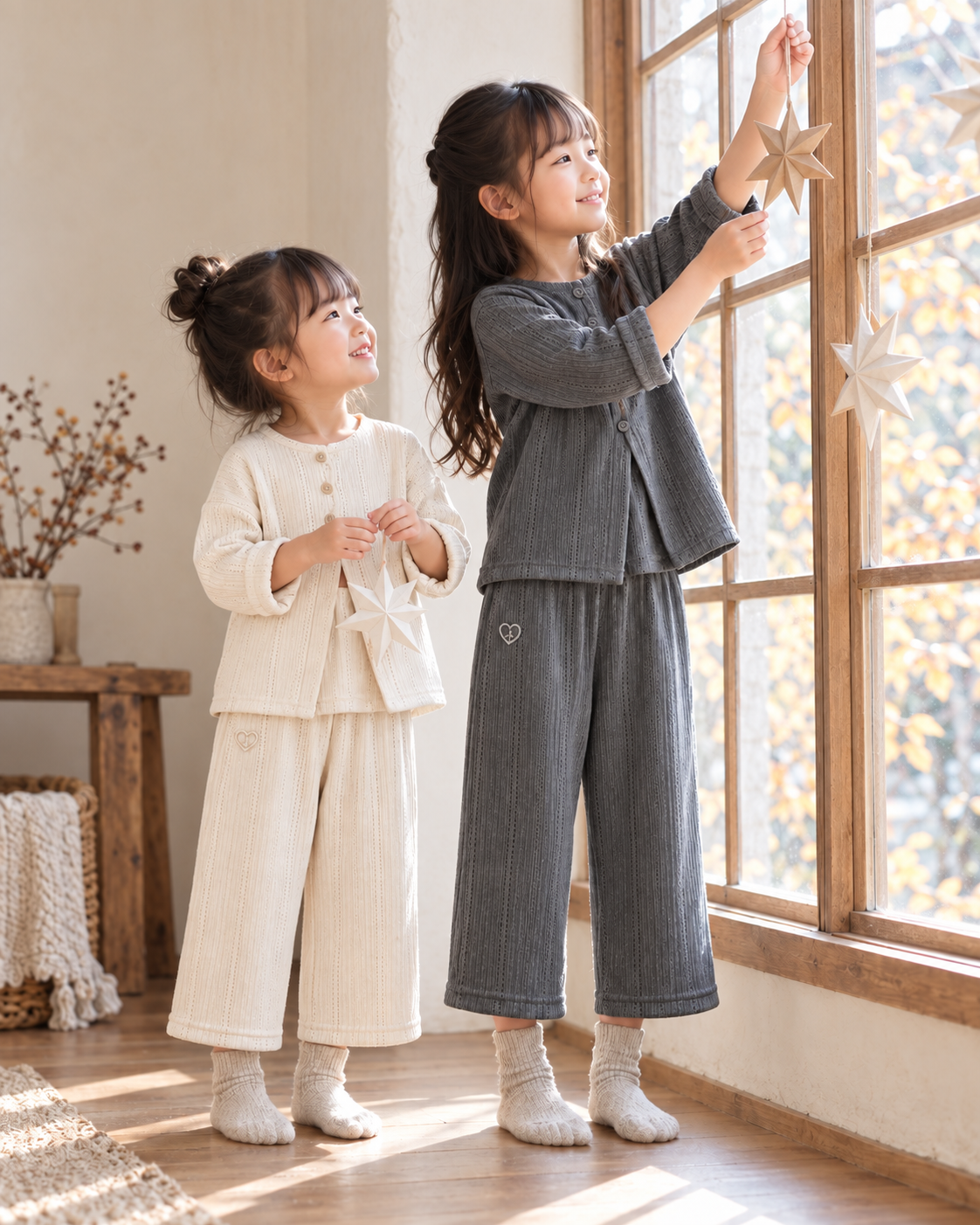 色違いニットの姉妹の秋冬コーデ