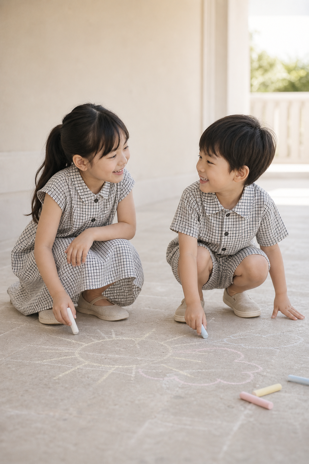 グレー系のリンクコーデでチョーク遊びを楽しむ兄妹