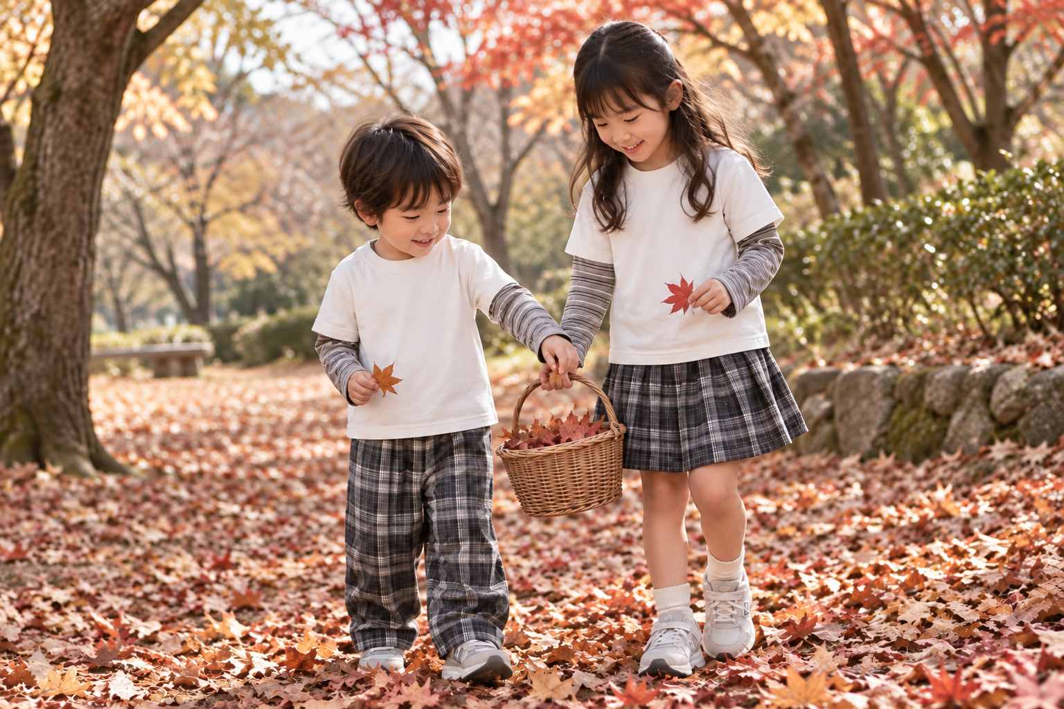 グレーチェックの兄妹の秋冬コーデ