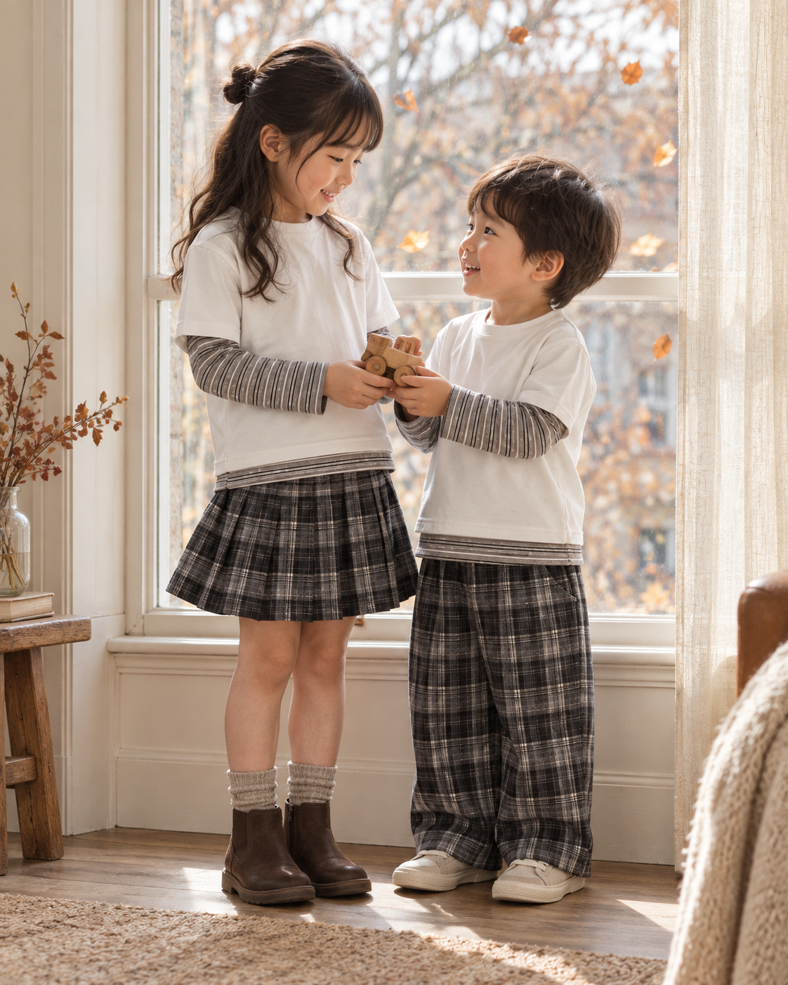 グレーチェックの兄妹の秋冬コーデ