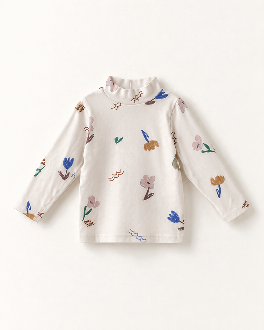 小花柄リブ長袖Tシャツ（アイボリー）