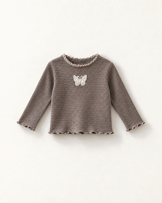 ベビー 蝶柄長袖Tシャツ（モカ）