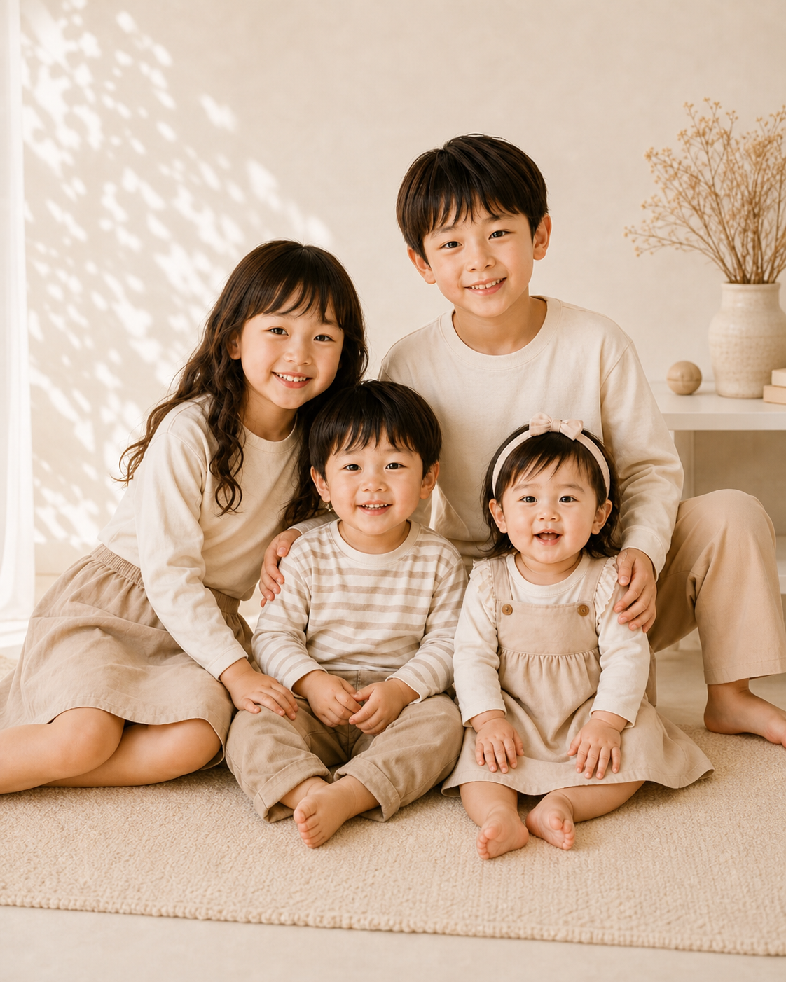 ナチュラルな子供服を着た4人きょうだいのNicoLinkスマートフォン用メインビジュアル